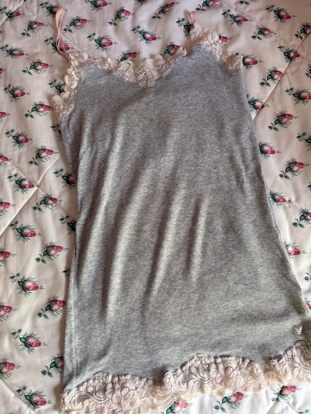 American Eagle Outfitters Gray Tank with Cream Lace Trim